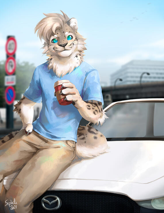 Client work. Leopard character and his car.